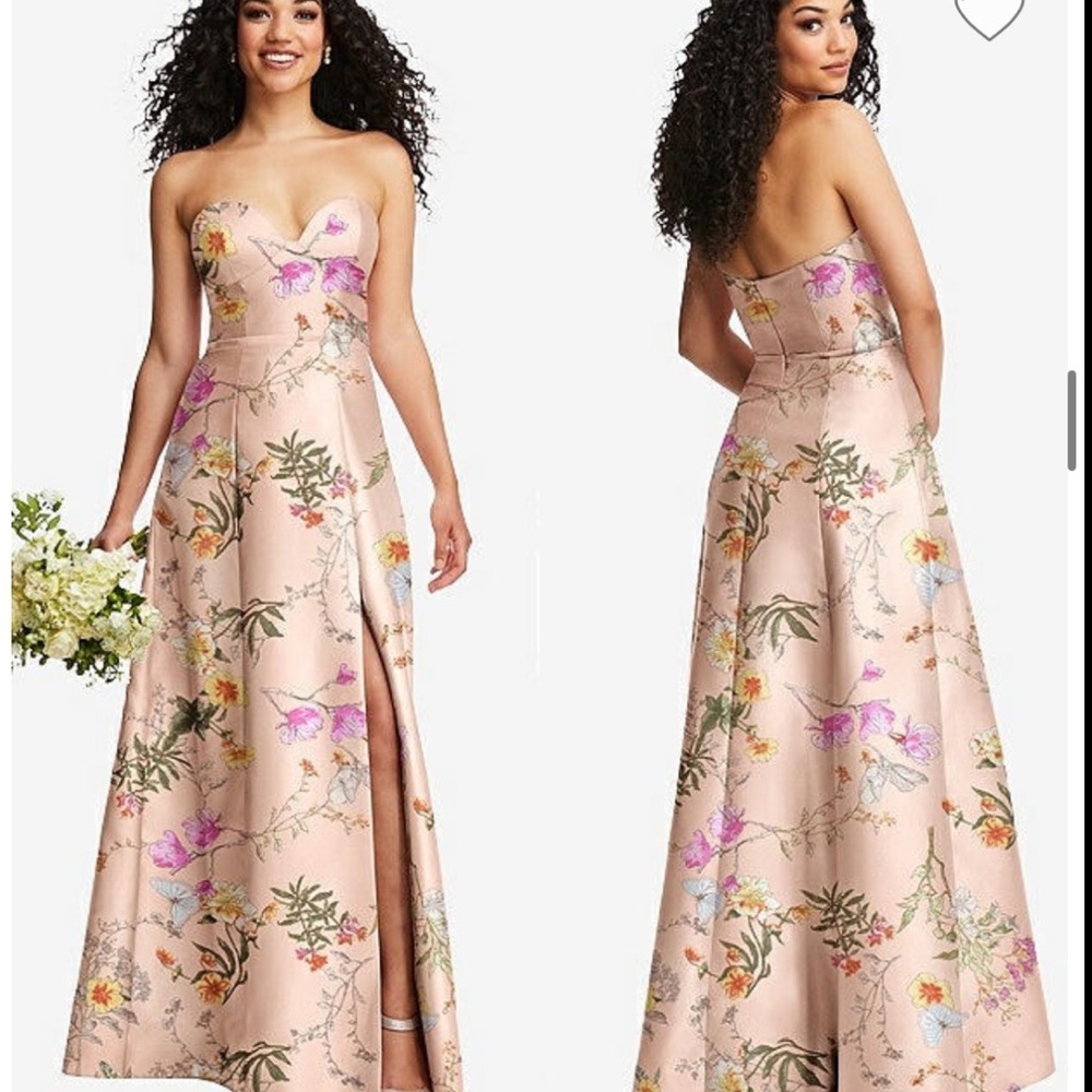 ALFRED SUNG STRAPLESS BUSTIER A-LINE FLORAL SATIN GOWN